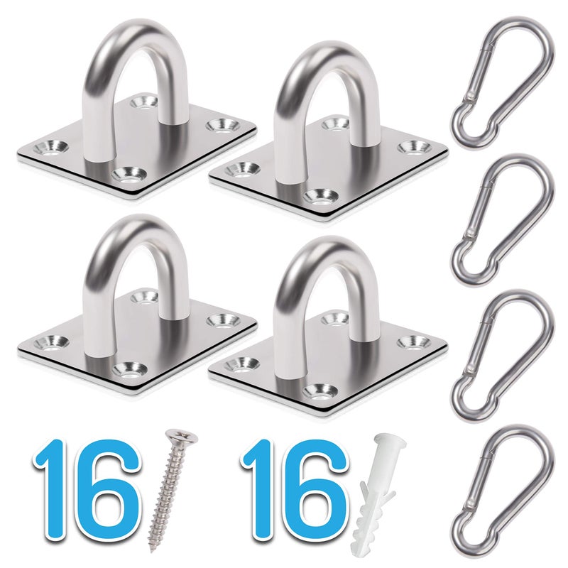 PAMAZY 4 PCS M6 Premium Heavy Duty Square Stainless Steel Pad Eye Hooks + 4 Snap Hooks  16 Screws With Plastic Expansion Tubes  Ceiling Hook for Outdoor Indoor Activity - Image 2